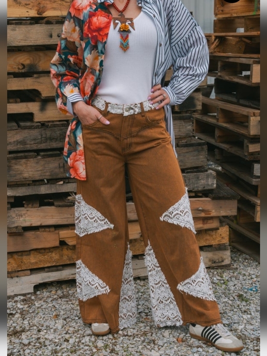 POL Denim - Sweet Details Rustic Brown Wide-Leg Flare Jeans with White Lace Inset